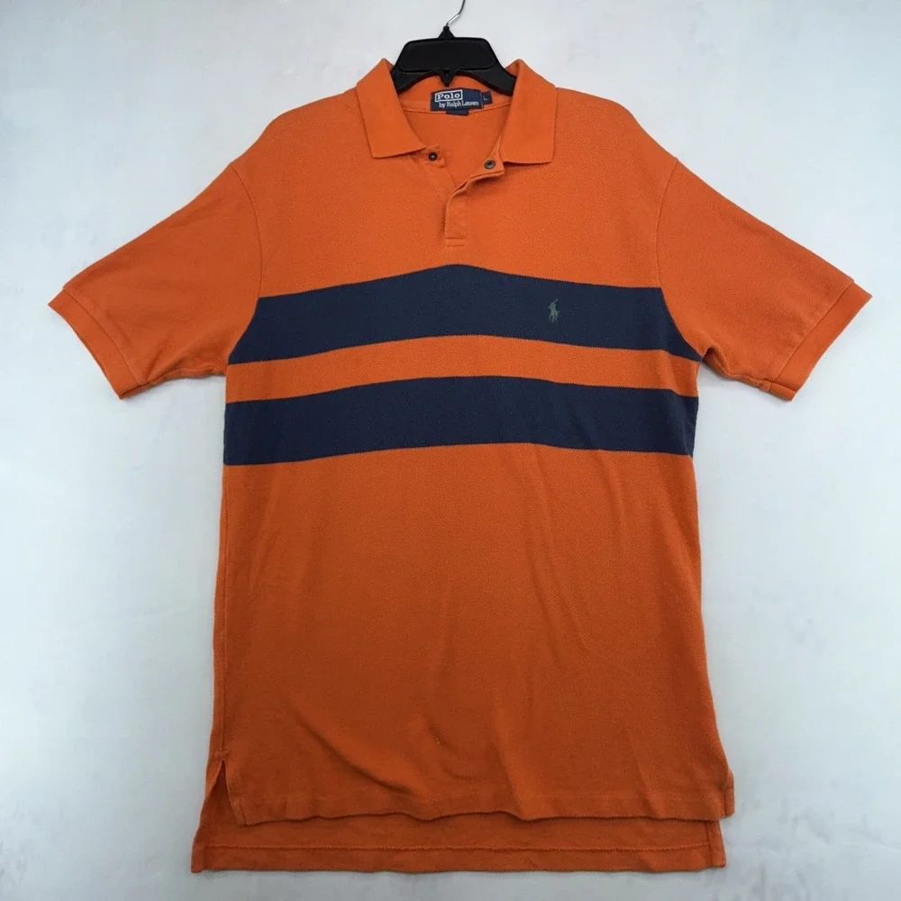 Polo Ralph Lauren Mens L Orange Navy Stripe Pima Mesh Big Pony Polo Shirt
